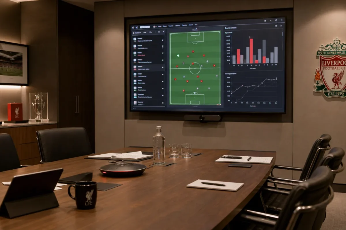 Een operationele vergaderruimte bij Liverpool met een discreet clubembleem op de wand.