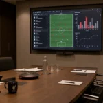 Een operationele vergaderruimte bij Liverpool met een discreet clubembleem op de wand.