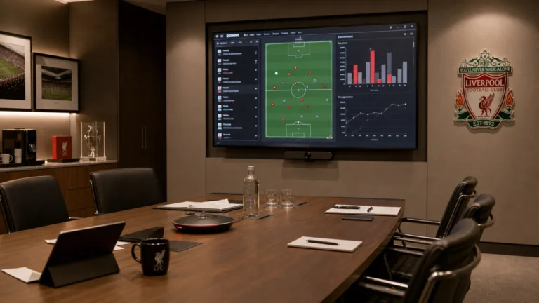 Een operationele vergaderruimte bij Liverpool met een discreet clubembleem op de wand.