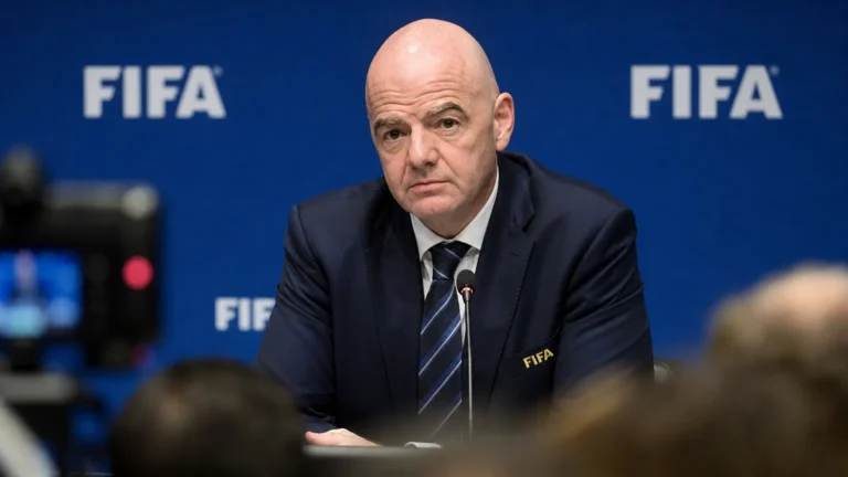 Gianni Infantino tijdens een persmoment van de FIFA.