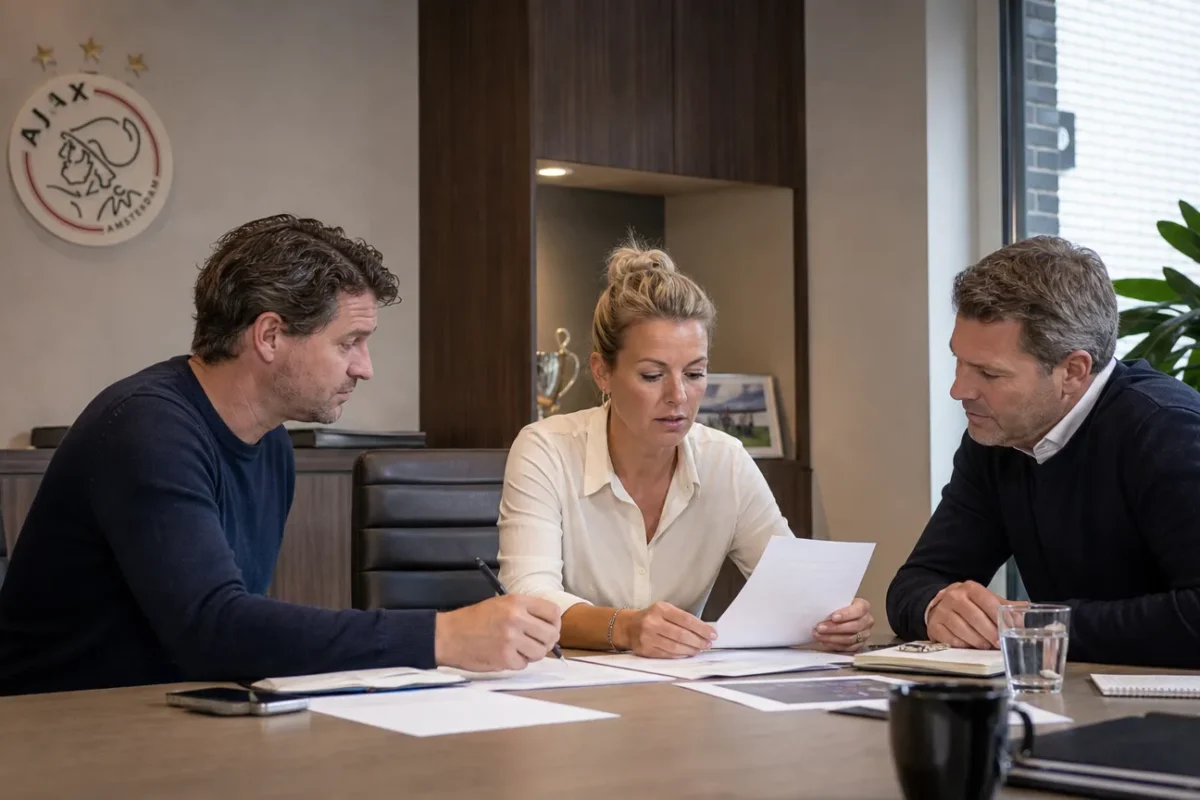 Medewerkers overleggen in een operationele kantoorruimte van Ajax.