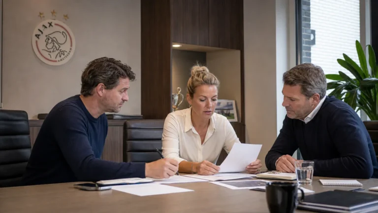 Medewerkers overleggen in een operationele kantoorruimte van Ajax.