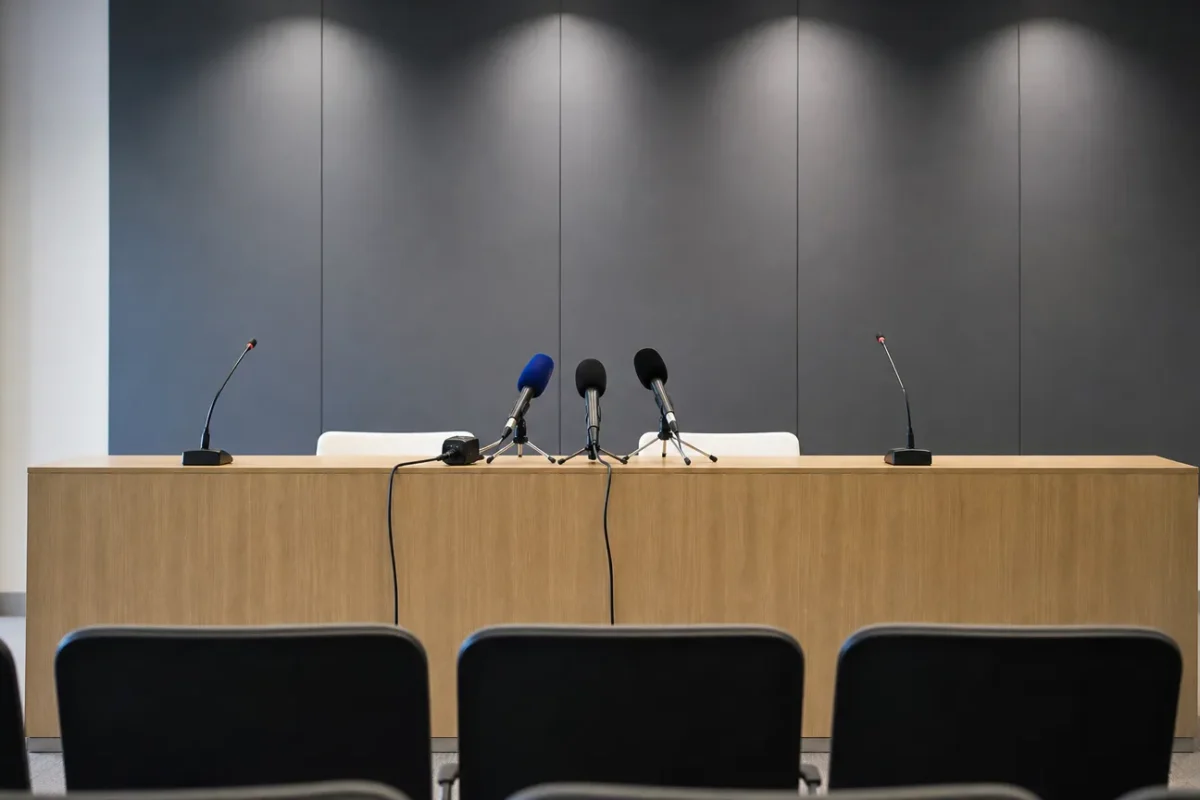Een neutrale persruimte met een lessenaar en microfoons voor een voetbalpersbabbel.