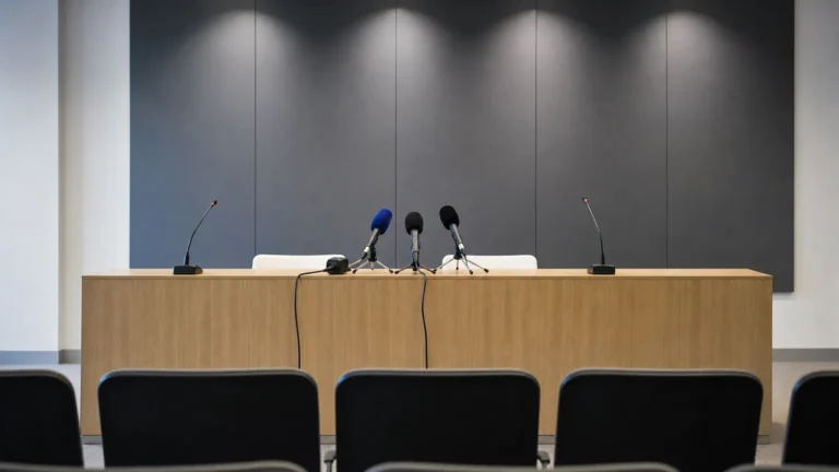Een neutrale persruimte met een lessenaar en microfoons voor een voetbalpersbabbel.