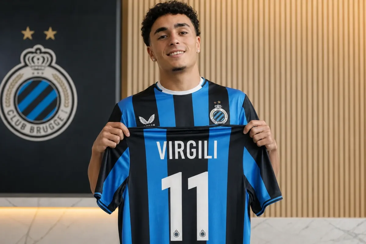 Jan Virgili poseert met het shirt van Club Brugge tijdens zijn officiële voorstelling.