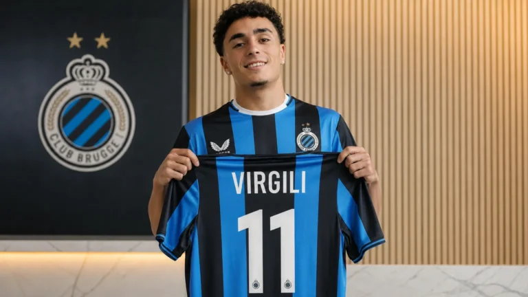 Jan Virgili poseert met het shirt van Club Brugge tijdens zijn officiële voorstelling.