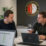 Twee medewerkers werken in een voetbaladministratiekantoor met een discreet Feyenoord-wanddetail.