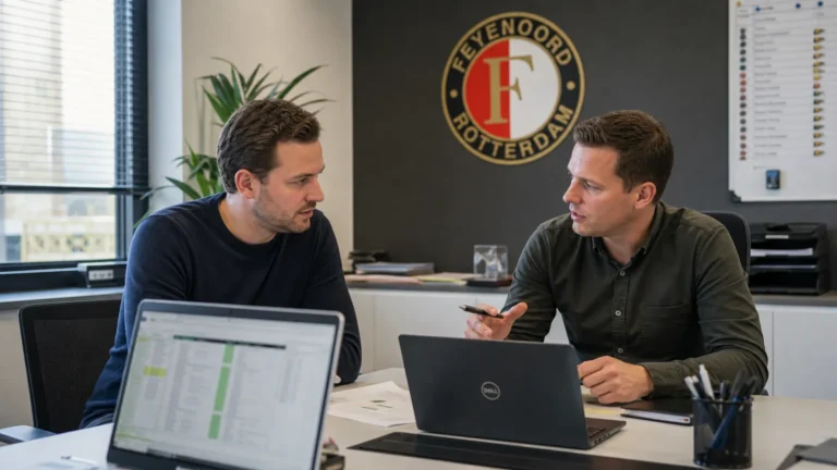 Twee medewerkers werken in een voetbaladministratiekantoor met een discreet Feyenoord-wanddetail.
