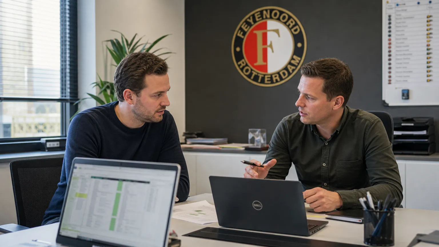 Twee medewerkers werken in een voetbaladministratiekantoor met een discreet Feyenoord-wanddetail.