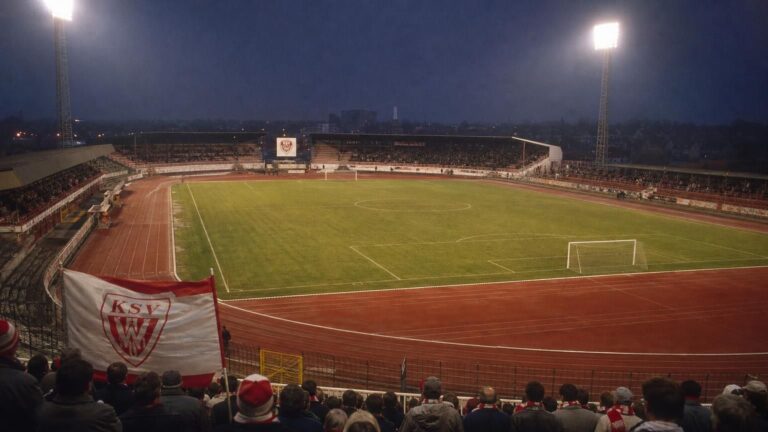 Het historische Regenboogstadion van KSV Waregem met atletiekpiste, rood-witte accenten en supporters op de achtergrond.