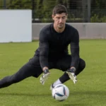 Thibaut Courtois traint individueel op het trainingsveld van Real Madrid.