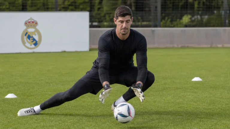Thibaut Courtois traint individueel op het trainingsveld van Real Madrid.
