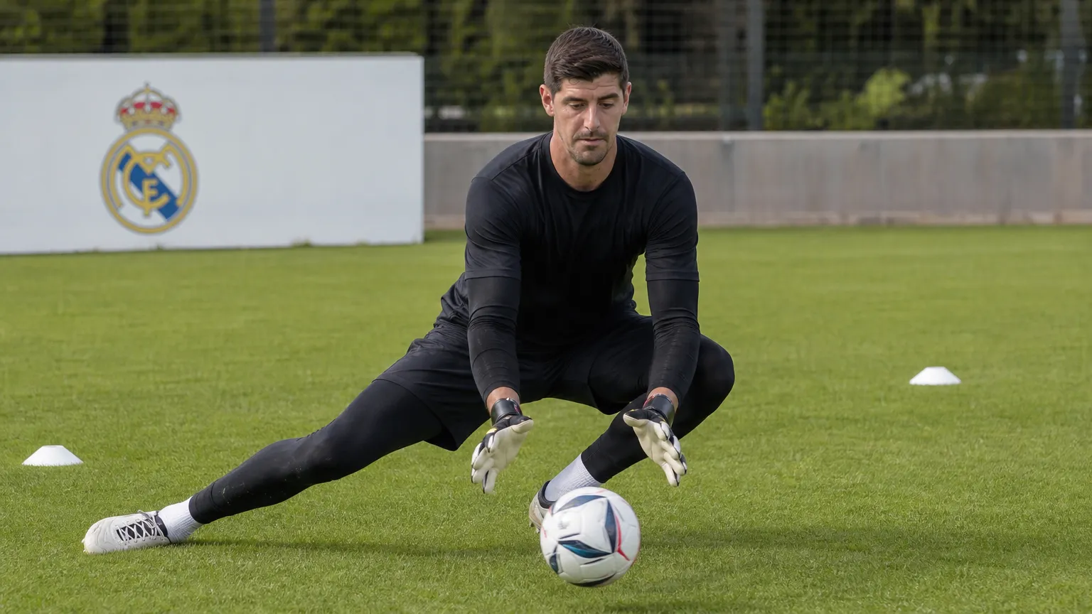 Thibaut Courtois traint individueel op het trainingsveld van Real Madrid.