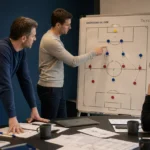 Medewerkers bespreken de defensieve planning in een tactische ruimte van Union.