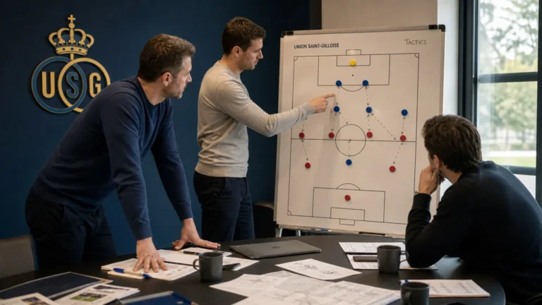 Medewerkers bespreken de defensieve planning in een tactische ruimte van Union.