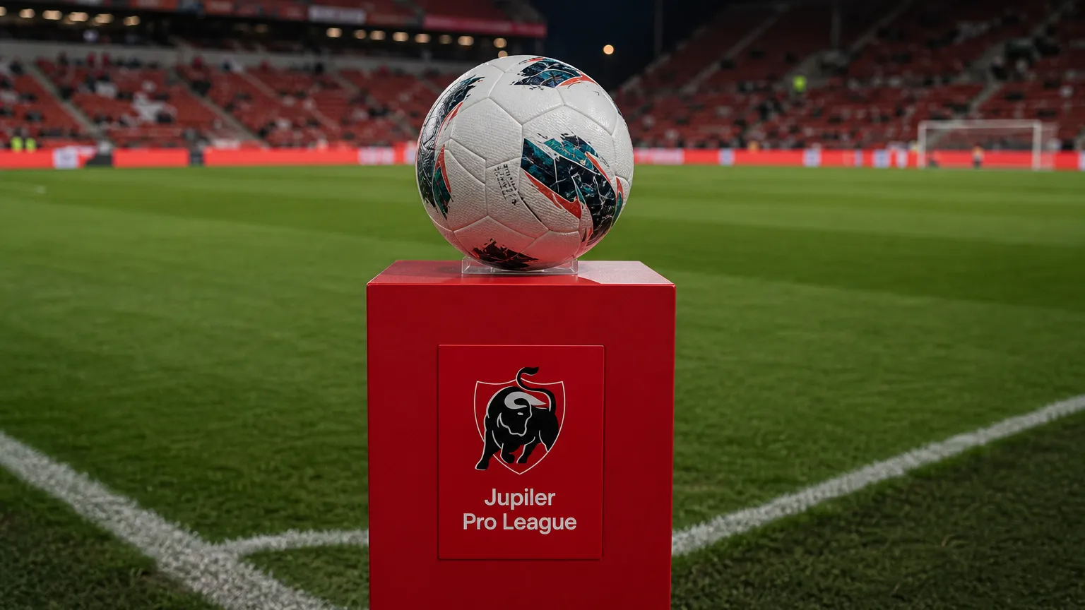 Een wedstrijdbal op een rode sokkel van de Jupiler Pro League langs het veld.