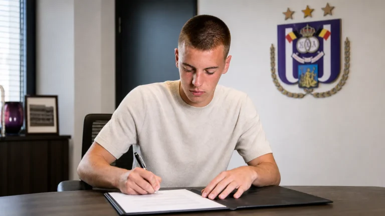 Noa Ojea ondertekent zijn nieuwe contract in een kantoor van RSC Anderlecht.