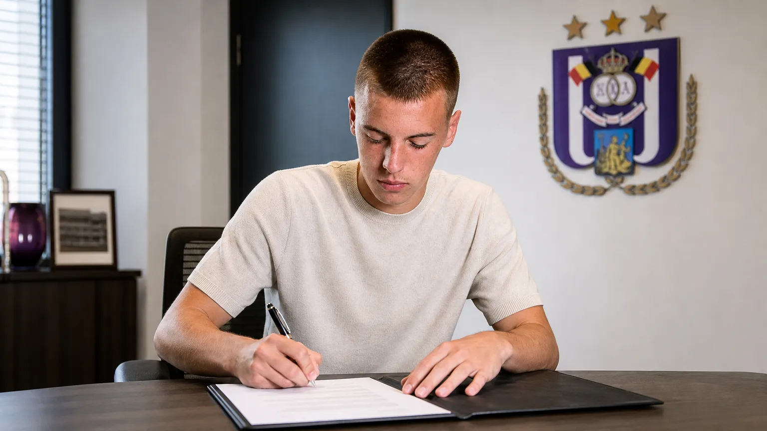 Noa Ojea ondertekent zijn nieuwe contract in een kantoor van RSC Anderlecht.