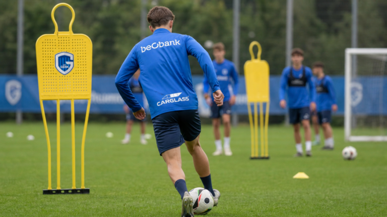 Een anonieme jeugdspeler van KRC Genk op het trainingsveld, gezien van achteren.