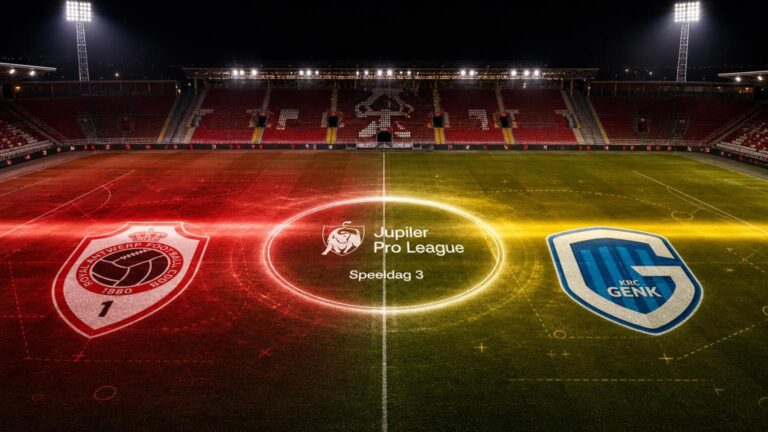 Royal Antwerp FC en KRC Genk in een lichtscan boven het Bosuilstadion voor speeldag 3