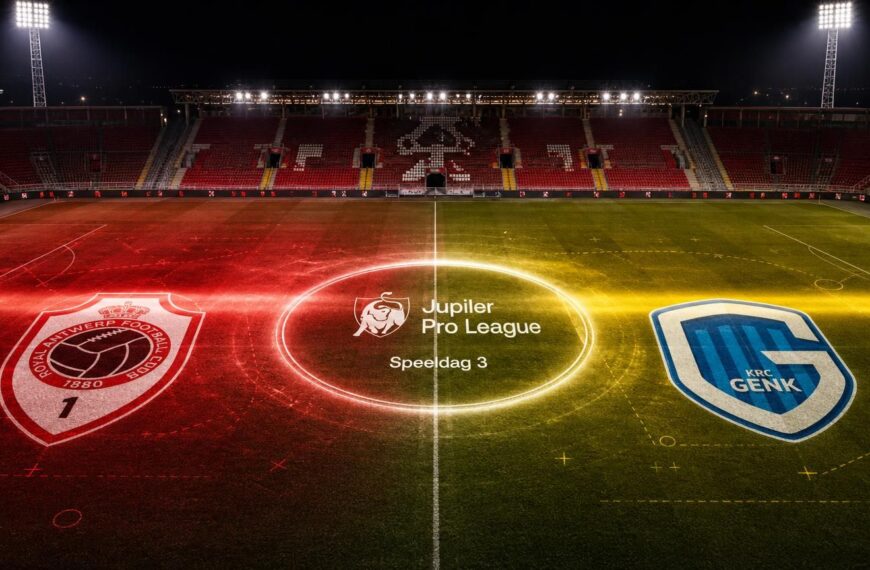 Royal Antwerp FC en KRC Genk in een lichtscan boven het Bosuilstadion voor speeldag 3