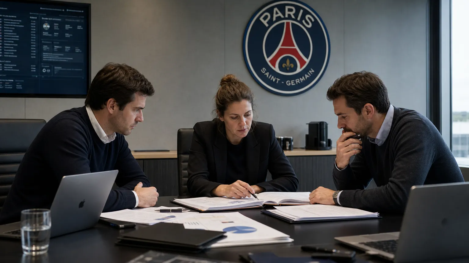 Medewerkers overleggen aan een vergadertafel in een PSG-kantoor.