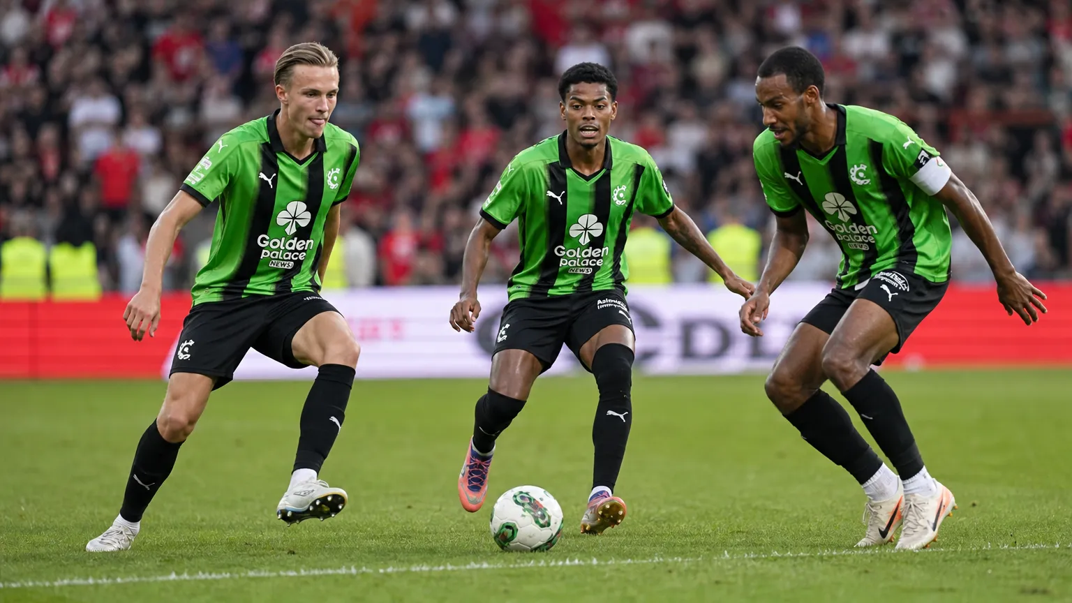 Drie voetballers in groen-zwarte tenues reageren op het veld.