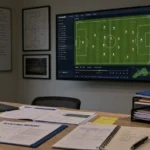 Een neutrale voetbalwerkruimte met tactische analyse op een groot scherm.