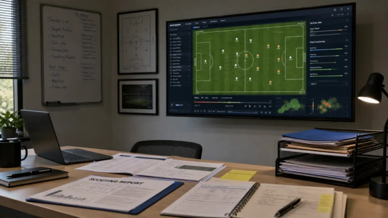 Een neutrale voetbalwerkruimte met tactische analyse op een groot scherm.