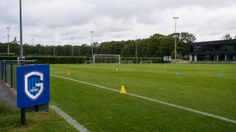 Leeg trainingsveld bij het trainingscomplex van KRC Genk met een discreet clubbord.