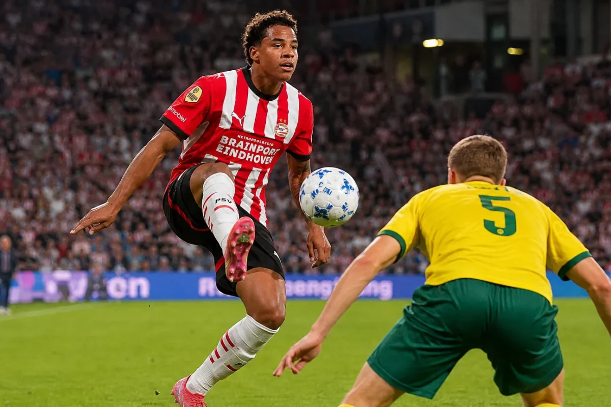 Noah Fernandez van PSV brengt de bal op tijdens een wedstrijdmoment.