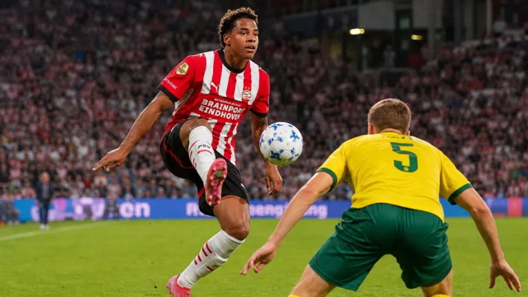 Noah Fernandez van PSV brengt de bal op tijdens een wedstrijdmoment.