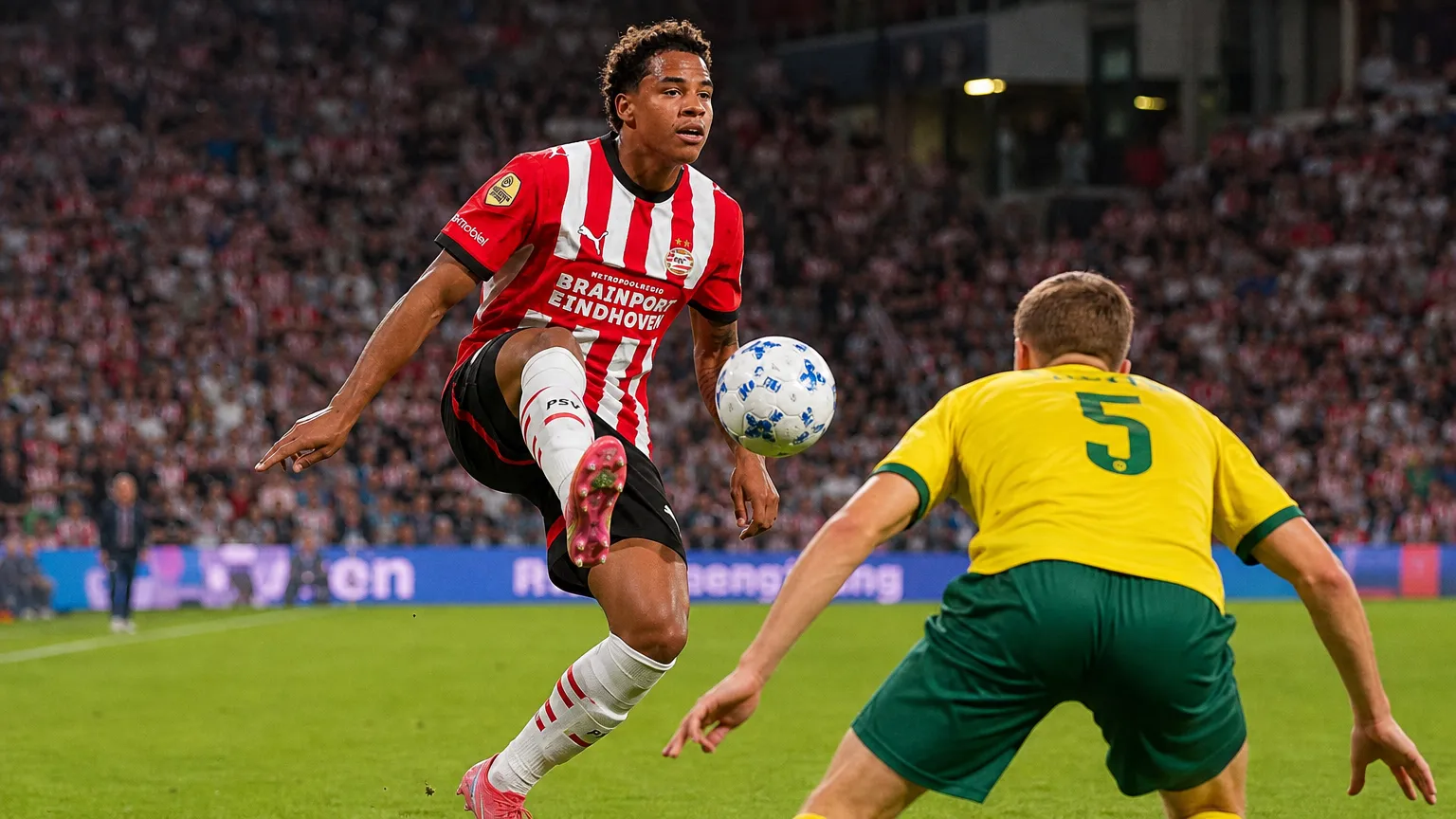 Noah Fernandez van PSV brengt de bal op tijdens een wedstrijdmoment.