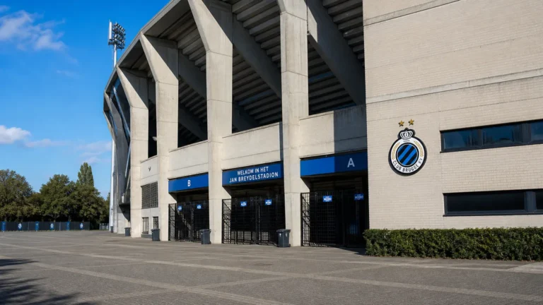 De buitenzijde van het Jan Breydelstadion met een discreet Club Brugge-clubanker.