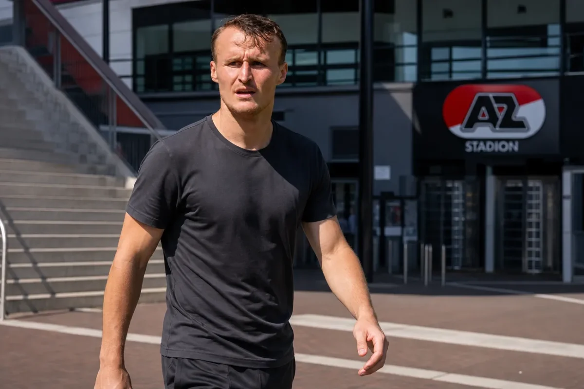 Peer Koopmeiners in neutrale kleding buiten het AFAS Stadion.