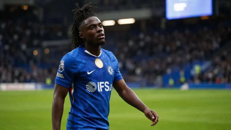 Romeo Lavia staat uitgeput op het veld na een oefenwedstrijd van Chelsea.