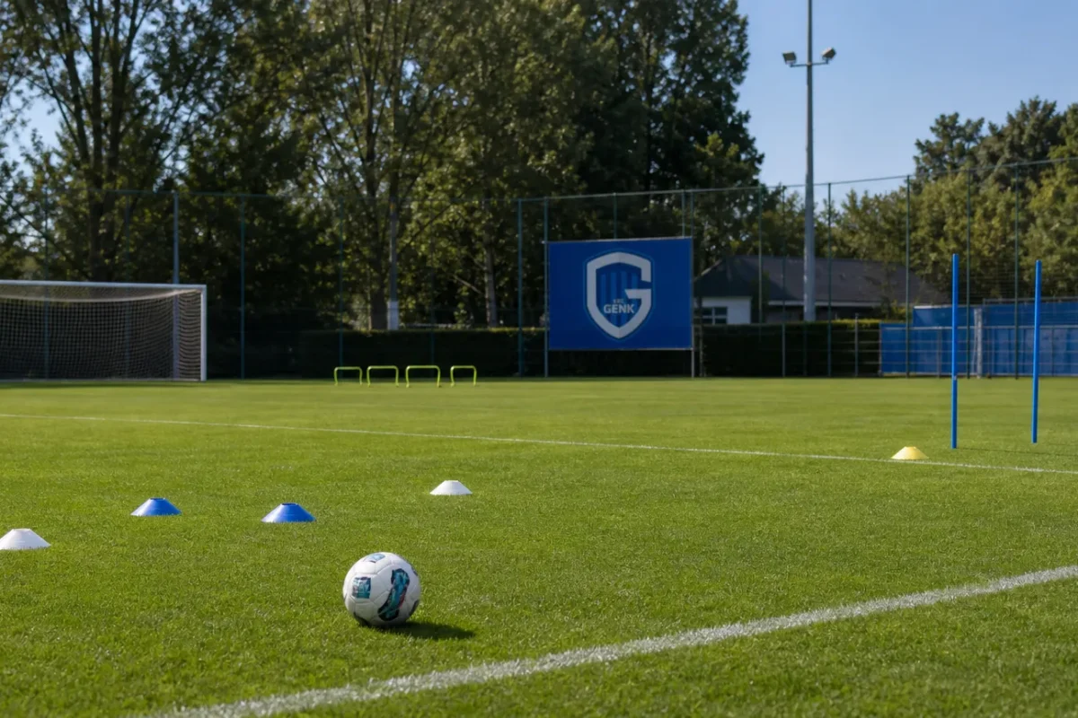 Trainingsmateriaal op een oefenveld van KRC Genk tijdens een jeugdtest.