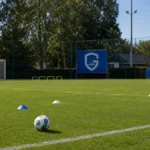 Trainingsmateriaal op een oefenveld van KRC Genk tijdens een jeugdtest.