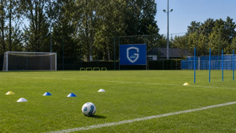 Trainingsmateriaal op een oefenveld van KRC Genk tijdens een jeugdtest.