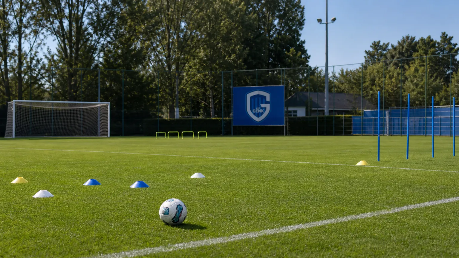 Trainingsmateriaal op een oefenveld van KRC Genk tijdens een jeugdtest.