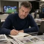 Een sportcolumnist schrijft aan een bureau in een drukke redactie.