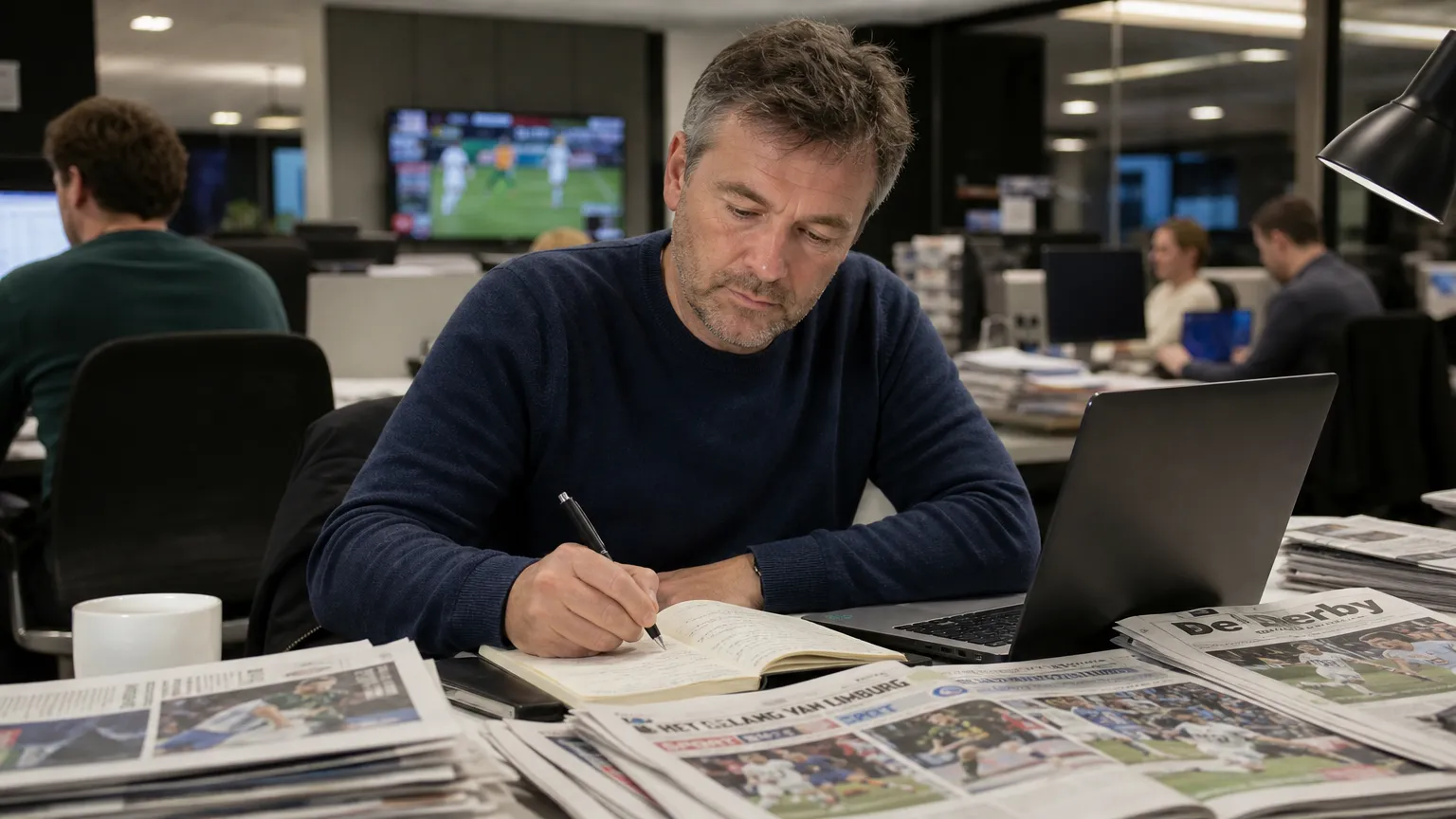 Een sportcolumnist schrijft aan een bureau in een drukke redactie.
