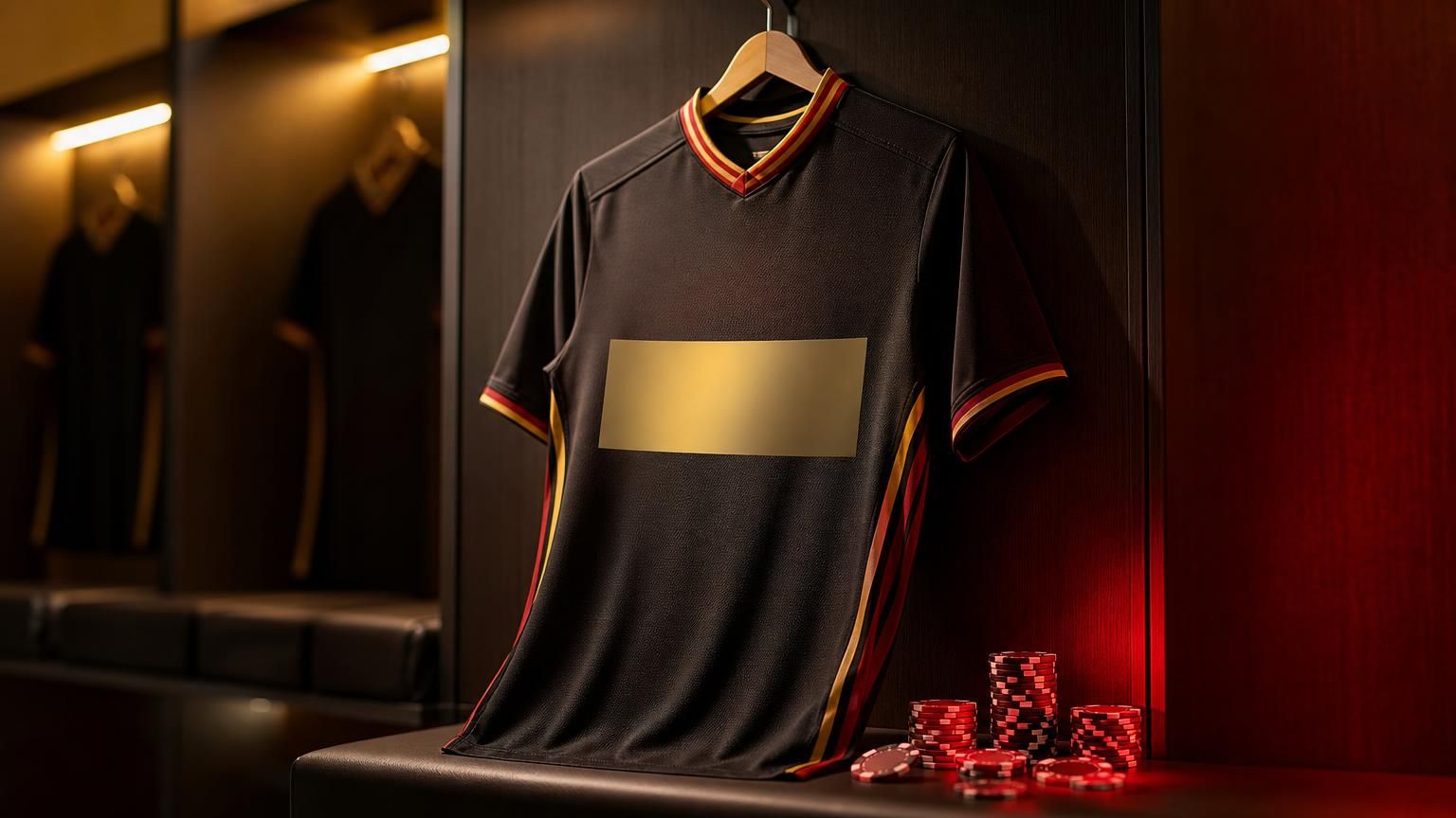 Belgisch profshirt in de kleedkamer tussen sponsorlicht en gokchips