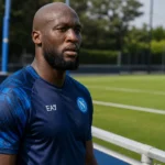 Romelu Lukaku in Napoli-tenue aan de rand van een trainingsveld.