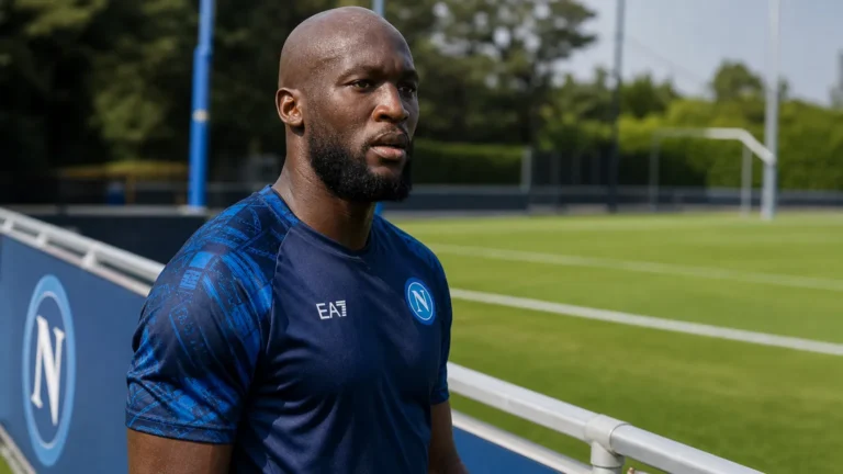 Romelu Lukaku in Napoli-tenue aan de rand van een trainingsveld.