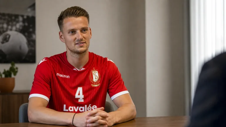 Dimitri Lavalée tijdens een interview in rode clubkleding.