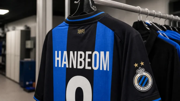 Een Club Brugge-shirt met de naam Hanbeom hangt aan een rail in de materiaalruimte.