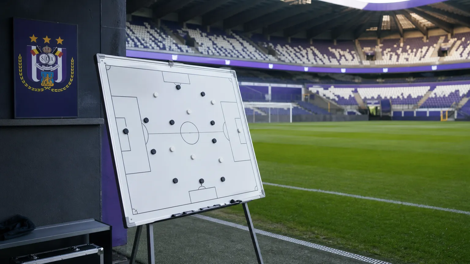Tactisch bord in een leeg stadion met een discreet RSC Anderlecht-clubanker