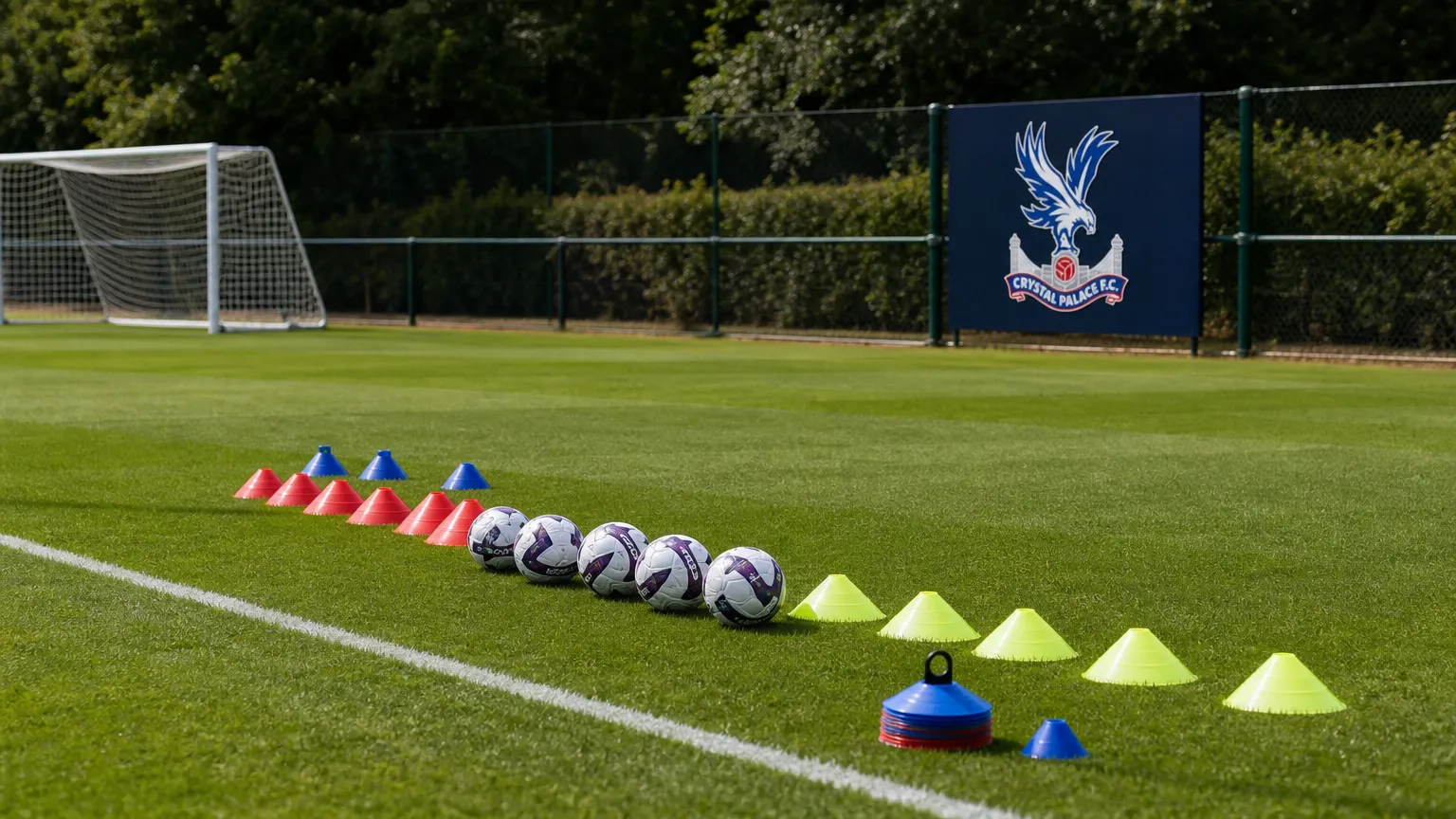Een trainingsveld van Crystal Palace dat klaarstaat voor een sessie van de beloften.