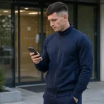 Robbie Ure in neutrale sportkleding aan de ingang van een medisch centrum.